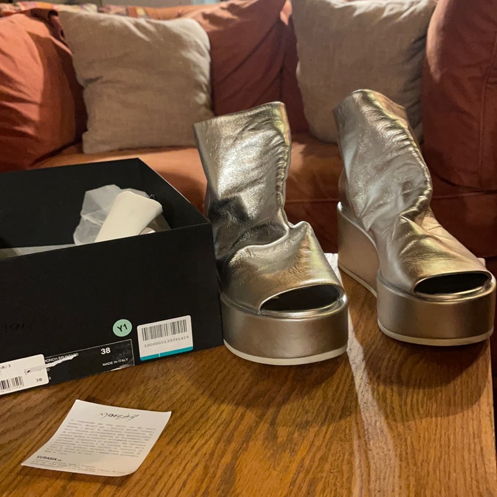 Marsell silver platform open toe booties, leather, size 8